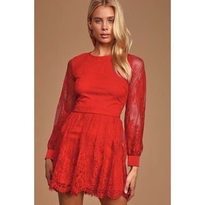 Lulus Romantic Red Lace Long Sleeve Skater Dress